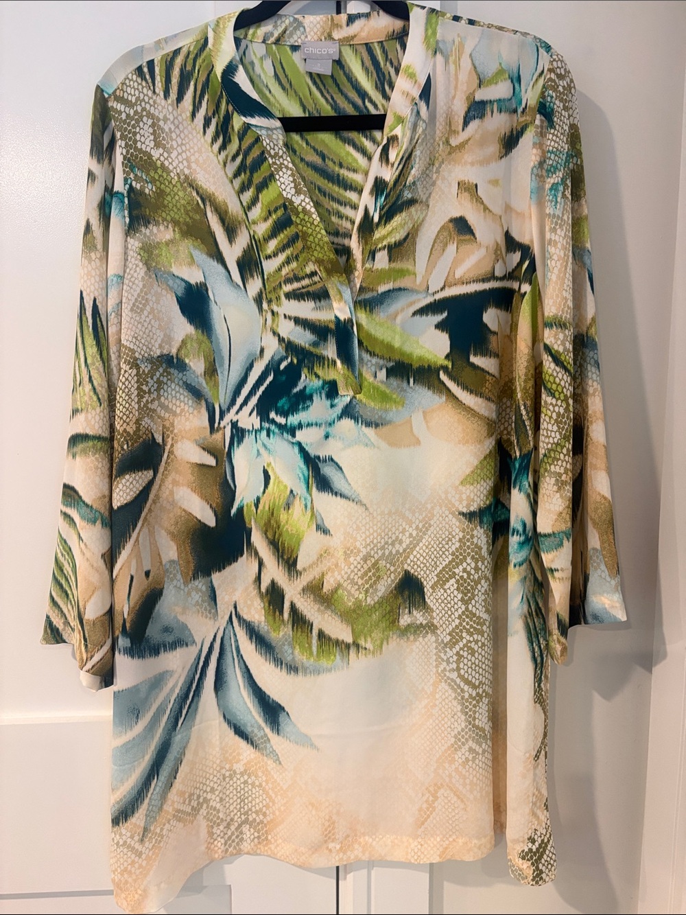 Chico's Woman’s Teal, Green & Cream Botanical-Print Tunic Blouse Top Size XL